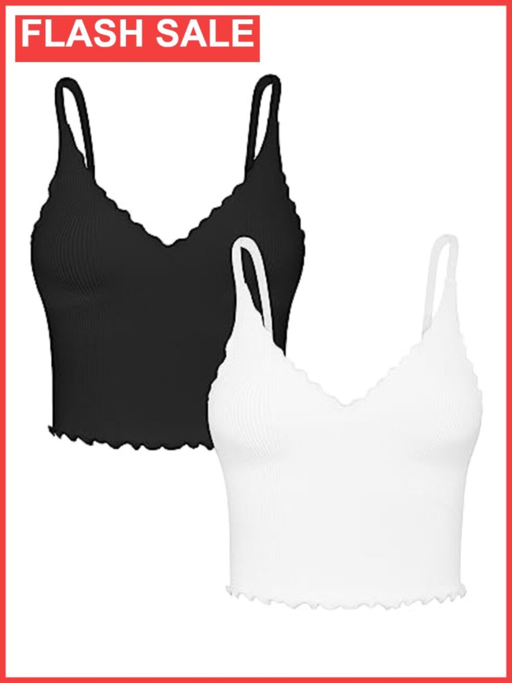 Ribbed V Neck Camisole Tank Tops Ruffle Trim 2 Pack Seamless